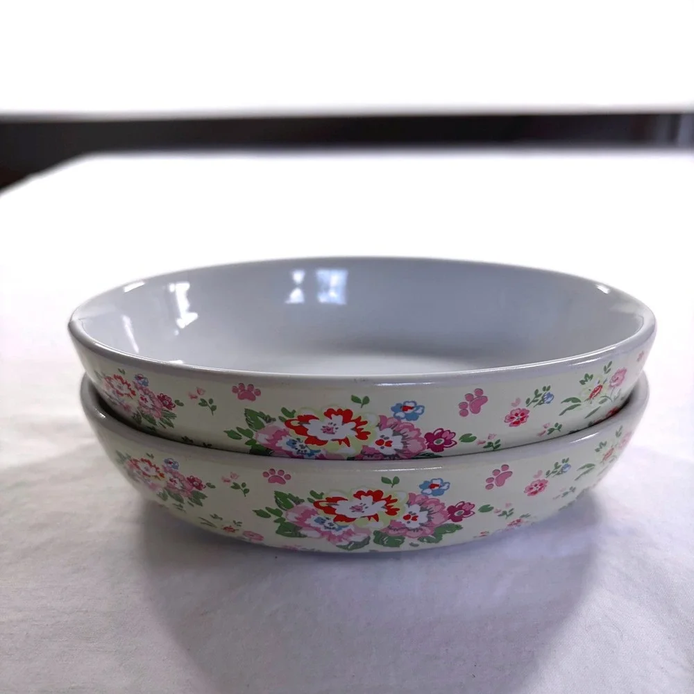 Floral Ceramic Pet Bowls Set of 2 Oval Shallow Cat Dog Dishes Cream Pink Blue
